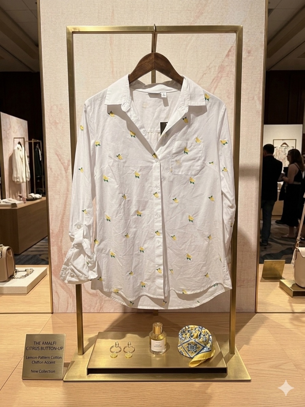 Kim Rogers White Button-Up Shirt with Yellow Citrus Motif